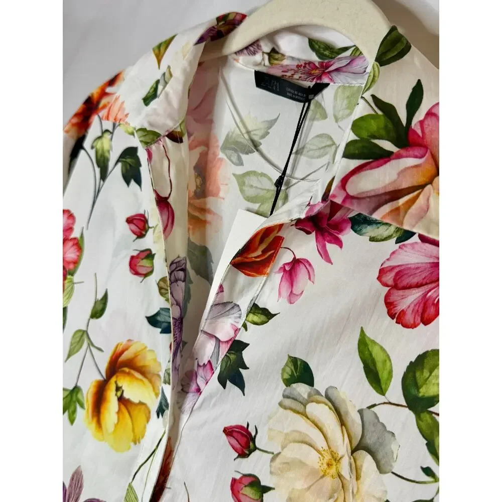 NWT Zara floral-print cropped boxy oversized short sleeves white shirt sz. XS - Picture 7 of 9